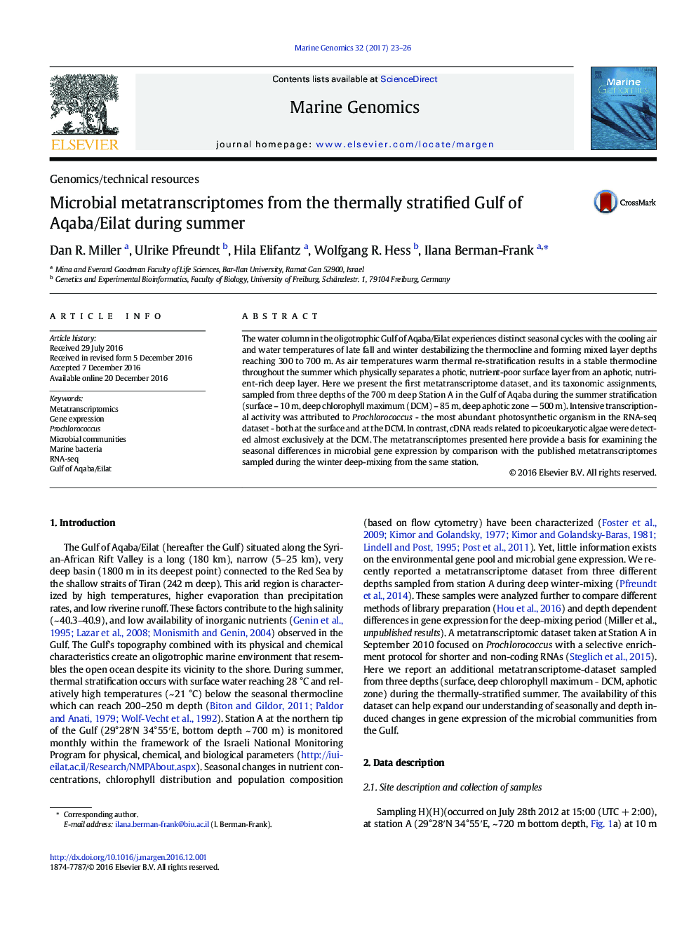 Genomics/technical resourcesMicrobial metatranscriptomes from the thermally stratified Gulf of Aqaba/Eilat during summer