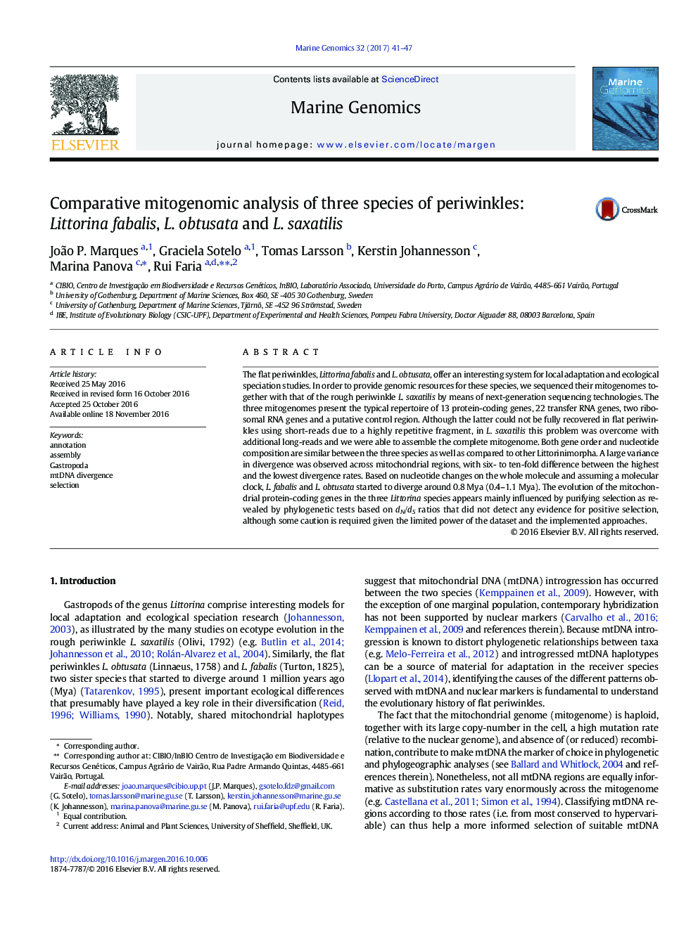 Comparative mitogenomic analysis of three species of periwinkles: Littorina fabalis, L. obtusata and L. saxatilis