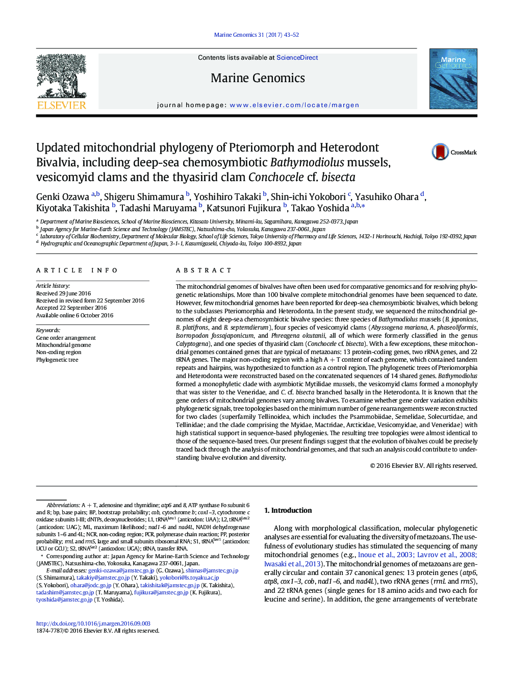 Updated mitochondrial phylogeny of Pteriomorph and Heterodont Bivalvia, including deep-sea chemosymbiotic Bathymodiolus mussels, vesicomyid clams and the thyasirid clam Conchocele cf. bisecta