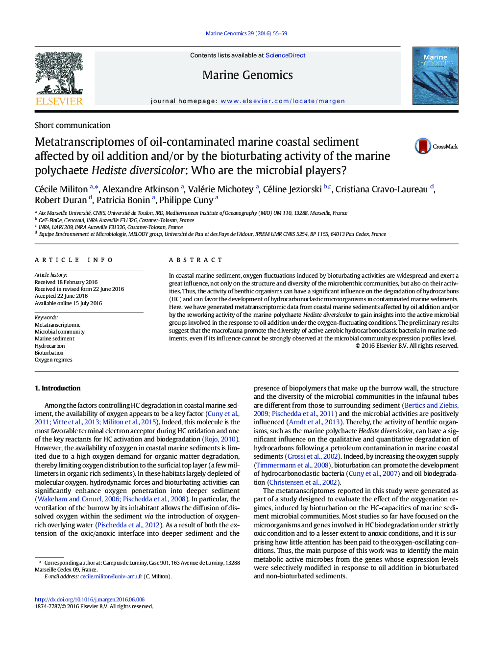 Short communicationMetatranscriptomes of oil-contaminated marine coastal sediment affected by oil addition and/or by the bioturbating activity of the marine polychaete Hediste diversicolor: Who are the microbial players?