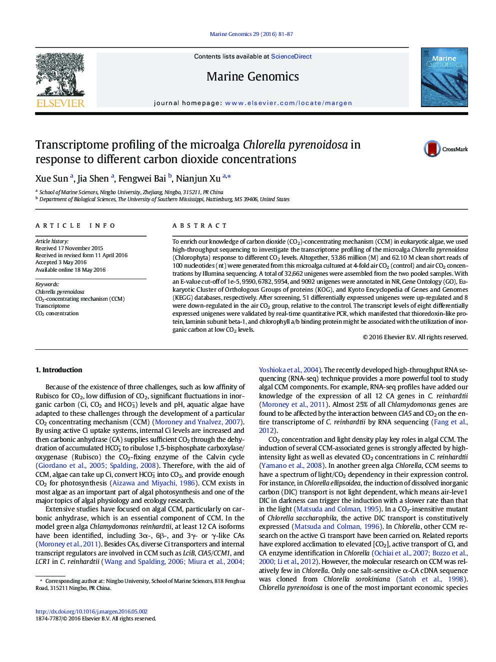 Transcriptome profiling of the microalga Chlorella pyrenoidosa in response to different carbon dioxide concentrations