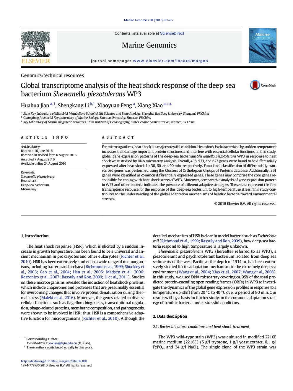 Genomics/technical resourcesGlobal transcriptome analysis of the heat shock response of the deep-sea bacterium Shewanella piezotolerans WP3