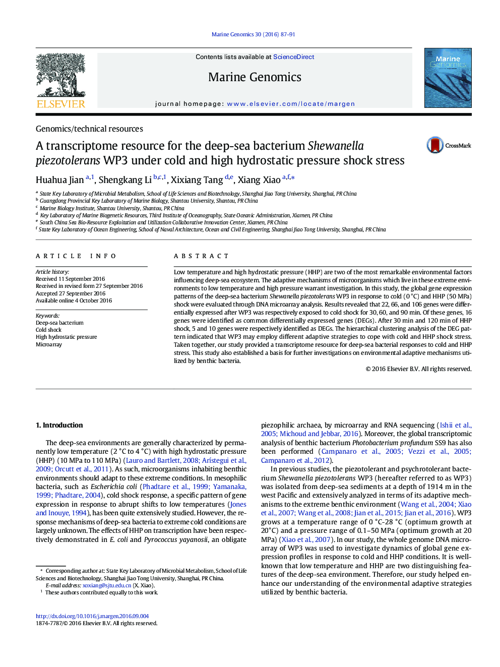 Genomics/technical resourcesA transcriptome resource for the deep-sea bacterium Shewanella piezotolerans WP3 under cold and high hydrostatic pressure shock stress