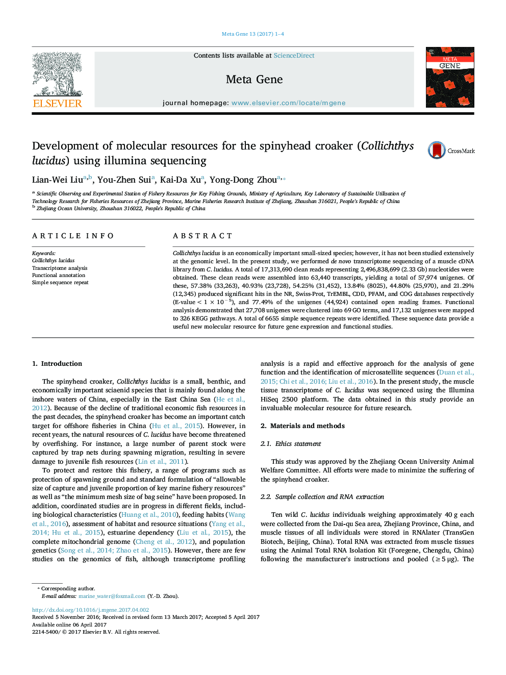 Development of molecular resources for the spinyhead croaker (Collichthys lucidus) using illumina sequencing