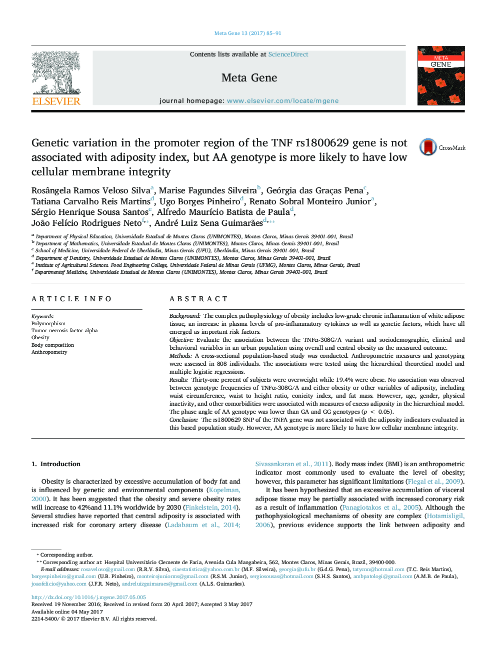 Genetic variation in the promoter region of the TNF rs1800629 gene is not associated with adiposity index, but AA genotype is more likely to have low cellular membrane integrity