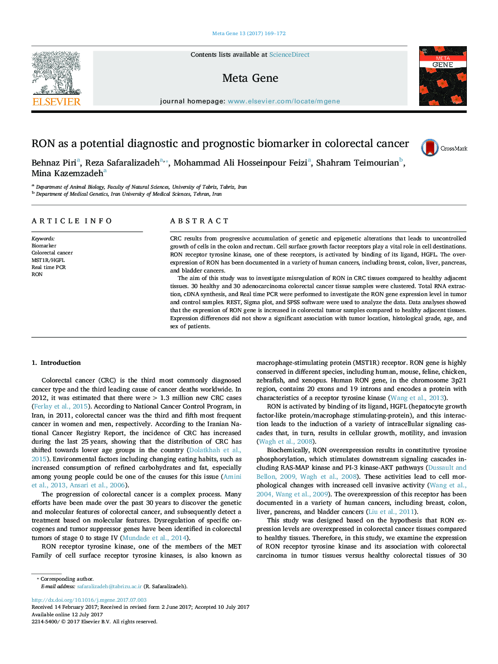 RON as a potential diagnostic and prognostic biomarker in colorectal cancer