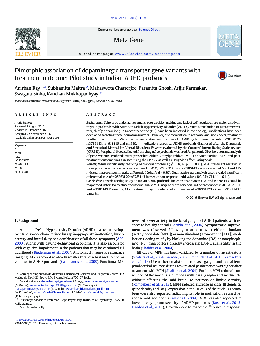 Dimorphic association of dopaminergic transporter gene variants with treatment outcome: Pilot study in Indian ADHD probands