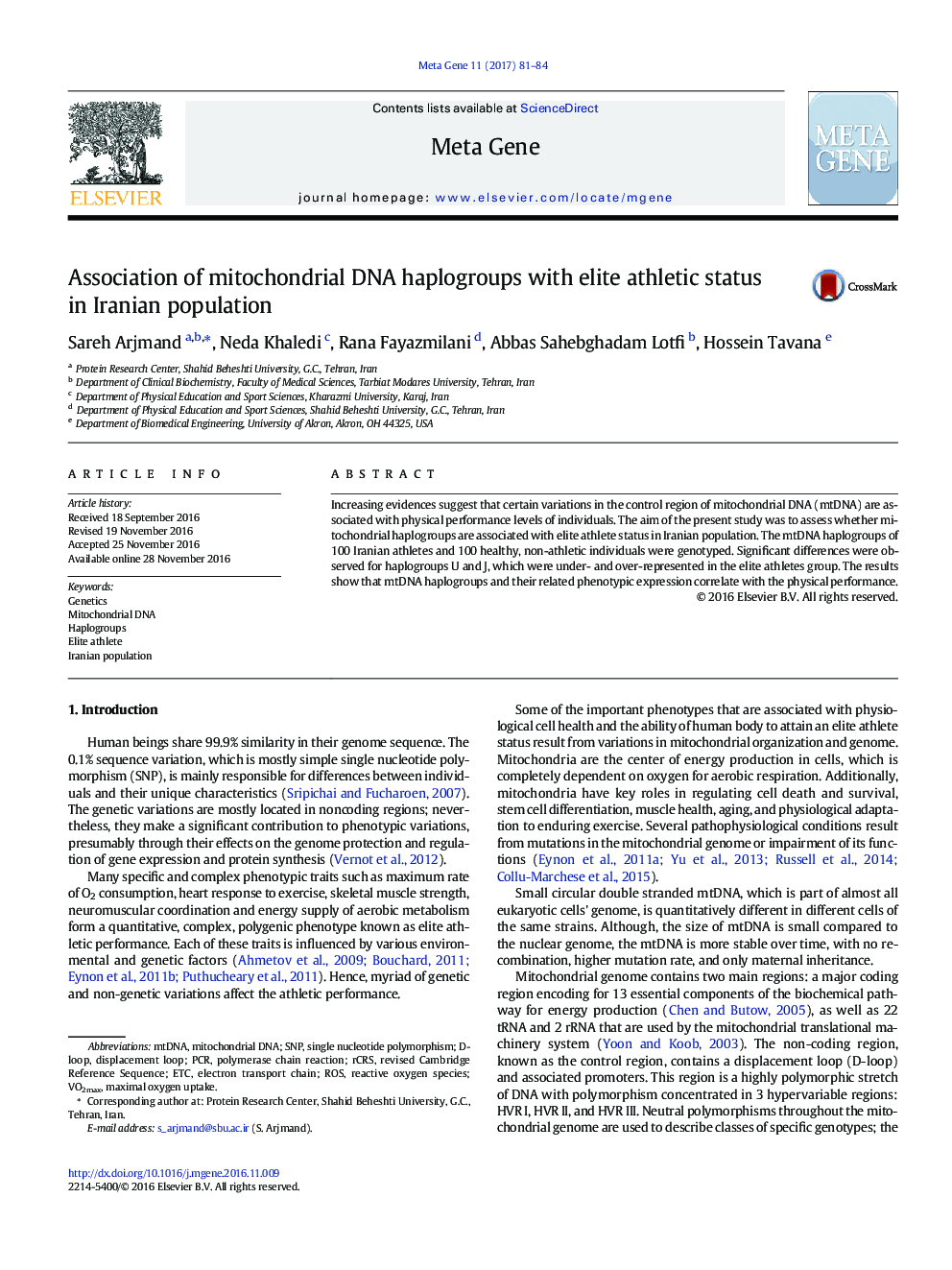 Association of mitochondrial DNA haplogroups with elite athletic status in Iranian population