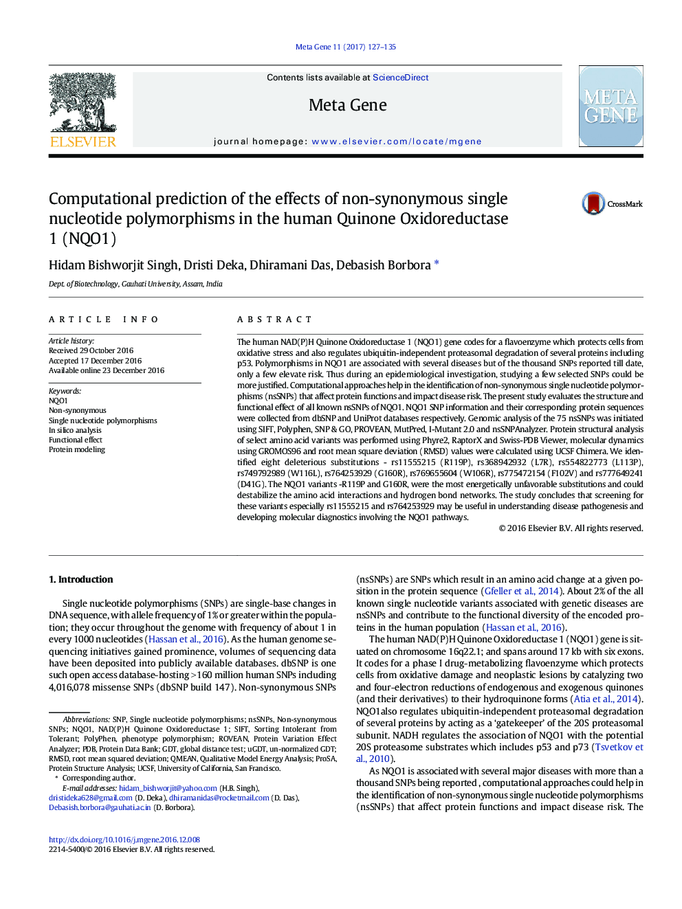 Computational prediction of the effects of non-synonymous single nucleotide polymorphisms in the human Quinone Oxidoreductase 1 (NQO1)