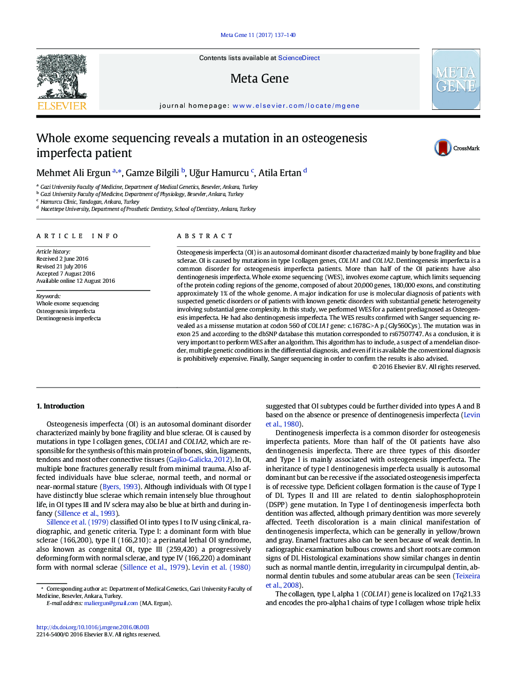 Whole exome sequencing reveals a mutation in an osteogenesis imperfecta patient