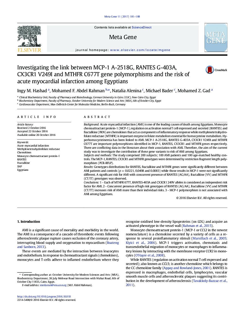 Investigating the link between MCP-1 A-2518G, RANTES G-403A, CX3CR1 V249I and MTHFR C677T gene polymorphisms and the risk of acute myocardial infarction among Egyptians