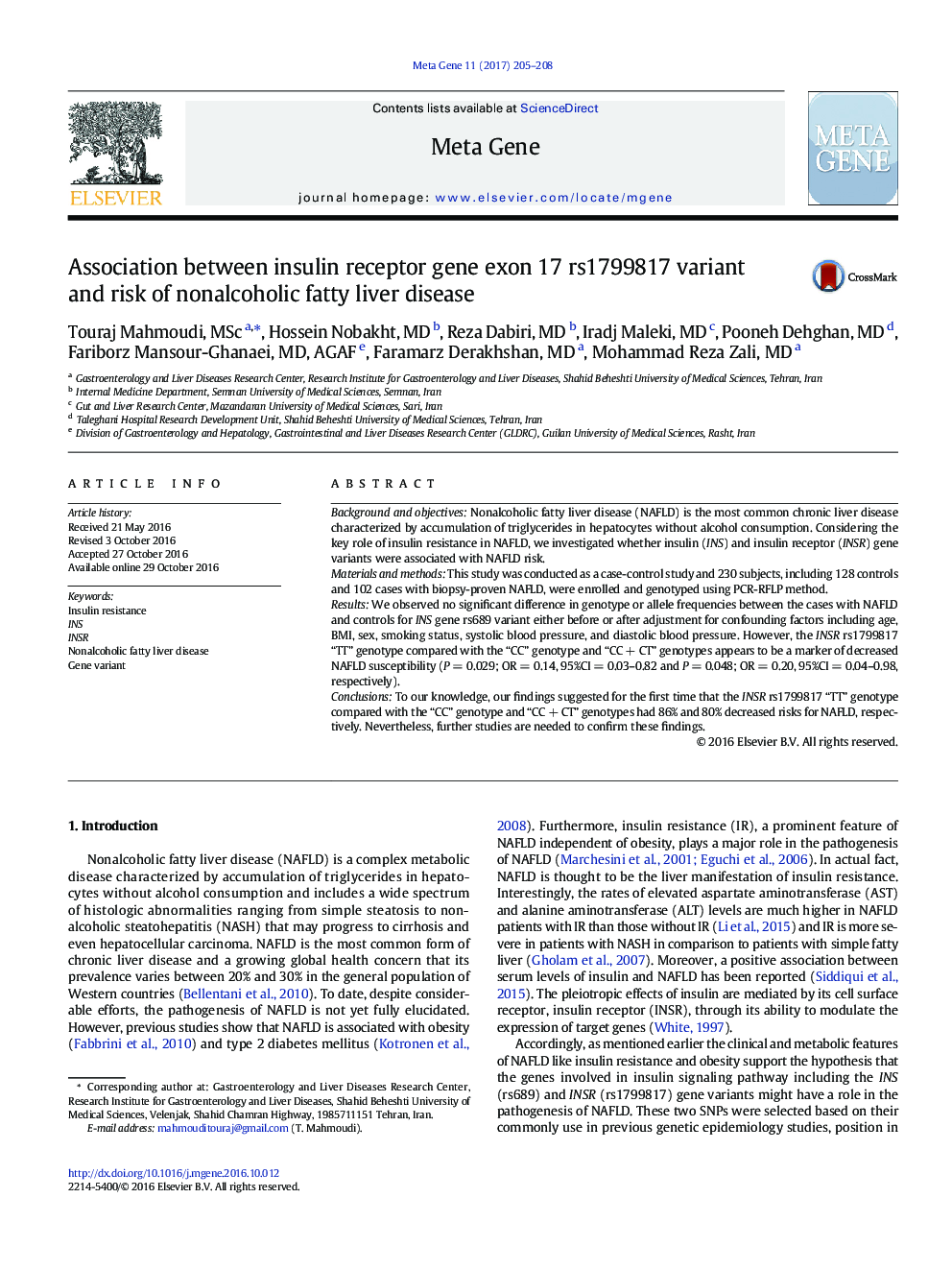 Association between insulin receptor gene exon 17 rs1799817 variant and risk of nonalcoholic fatty liver disease