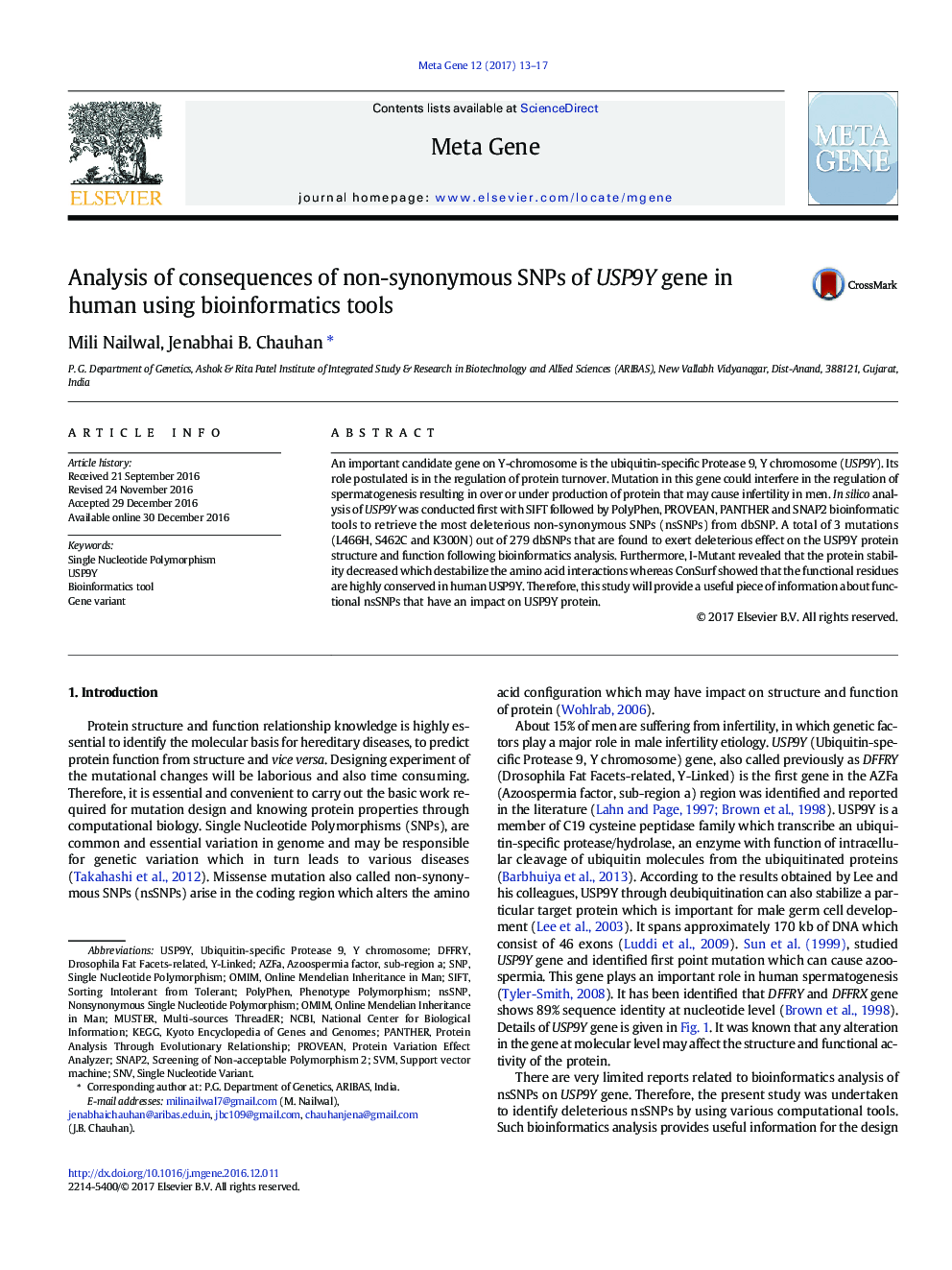 Analysis of consequences of non-synonymous SNPs of USP9Y gene in human using bioinformatics tools