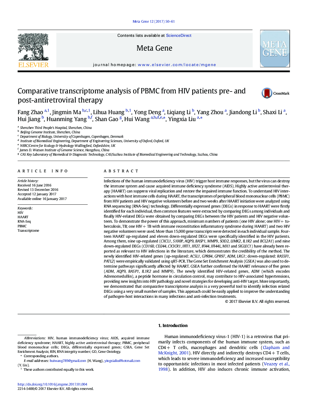 Comparative transcriptome analysis of PBMC from HIV patients pre- and post-antiretroviral therapy