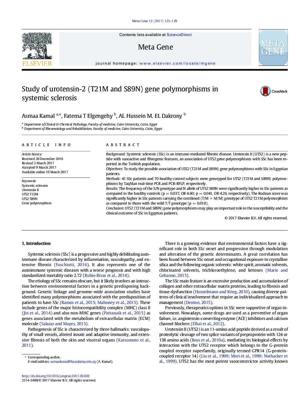 Study of urotensin-2 (T21M and S89N) gene polymorphisms in systemic sclerosis
