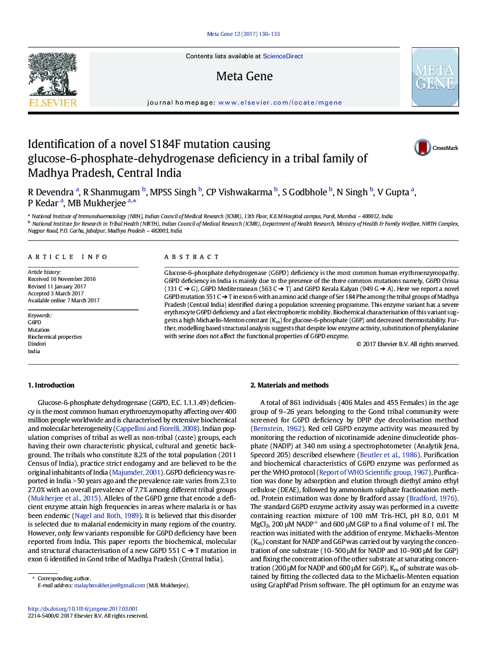 Identification of a novel S184F mutation causing glucose-6-phosphate-dehydrogenase deficiency in a tribal family of Madhya Pradesh, Central India