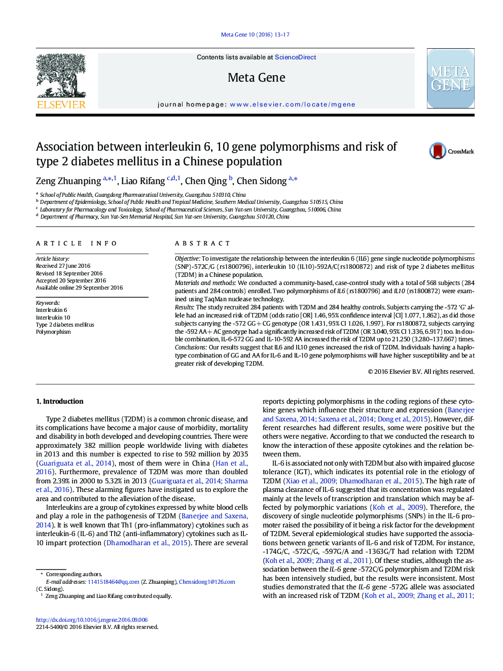 Association between interleukin 6, 10 gene polymorphisms and risk of type 2 diabetes mellitus in a Chinese population