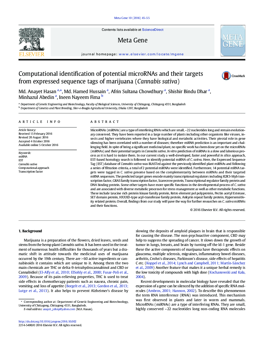 Computational identification of potential microRNAs and their targets from expressed sequence tags of marijuana (Cannabis sativa)