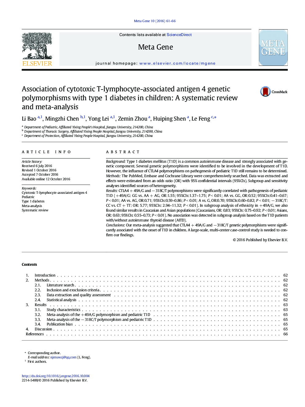 Association of cytotoxic T-lymphocyte-associated antigen 4 genetic polymorphisms with type 1 diabetes in children: A systematic review and meta-analysis