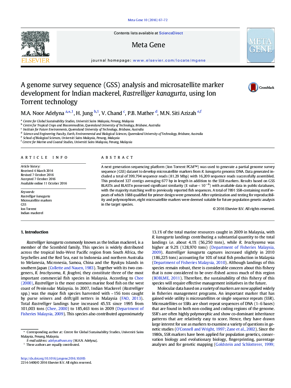 A genome survey sequence (GSS) analysis and microsatellite marker development for Indian mackerel, Rastrelliger kanagurta, using Ion Torrent technology