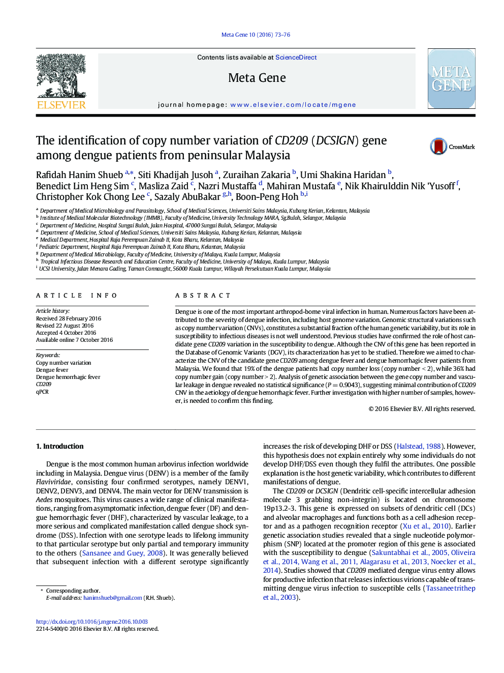 The identification of copy number variation of CD209 (DCSIGN) gene among dengue patients from peninsular Malaysia