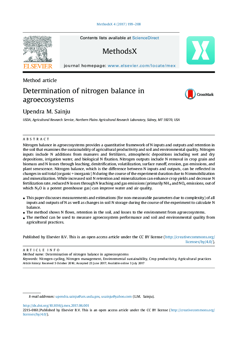 Determination of nitrogen balance in agroecosystems