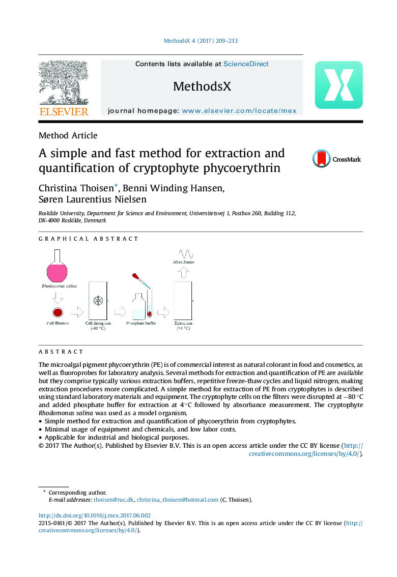 A simple and fast method for extraction and quantification of cryptophyte phycoerythrin