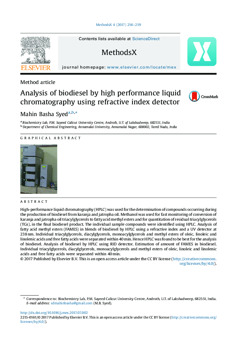 Analysis of biodiesel by high performance liquid chromatography using refractive index detector