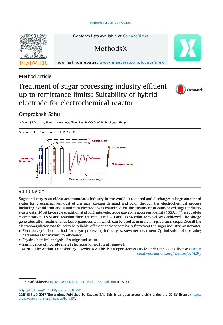 Treatment of sugar processing industry effluent up to remittance limits: Suitability of hybrid electrode for electrochemical reactor