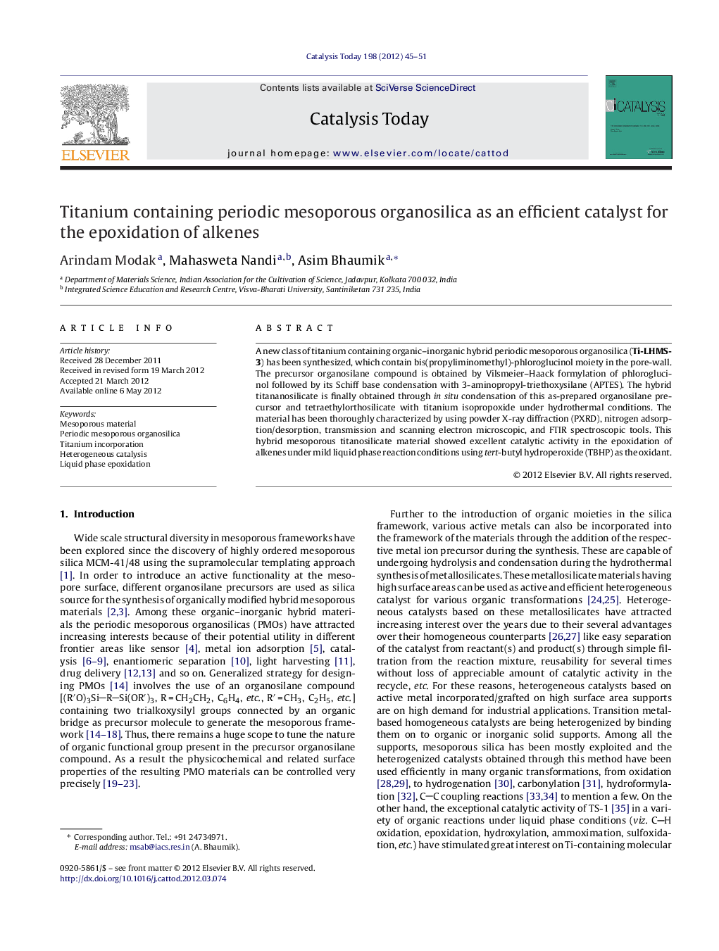 Titanium containing periodic mesoporous organosilica as an efficient catalyst for the epoxidation of alkenes