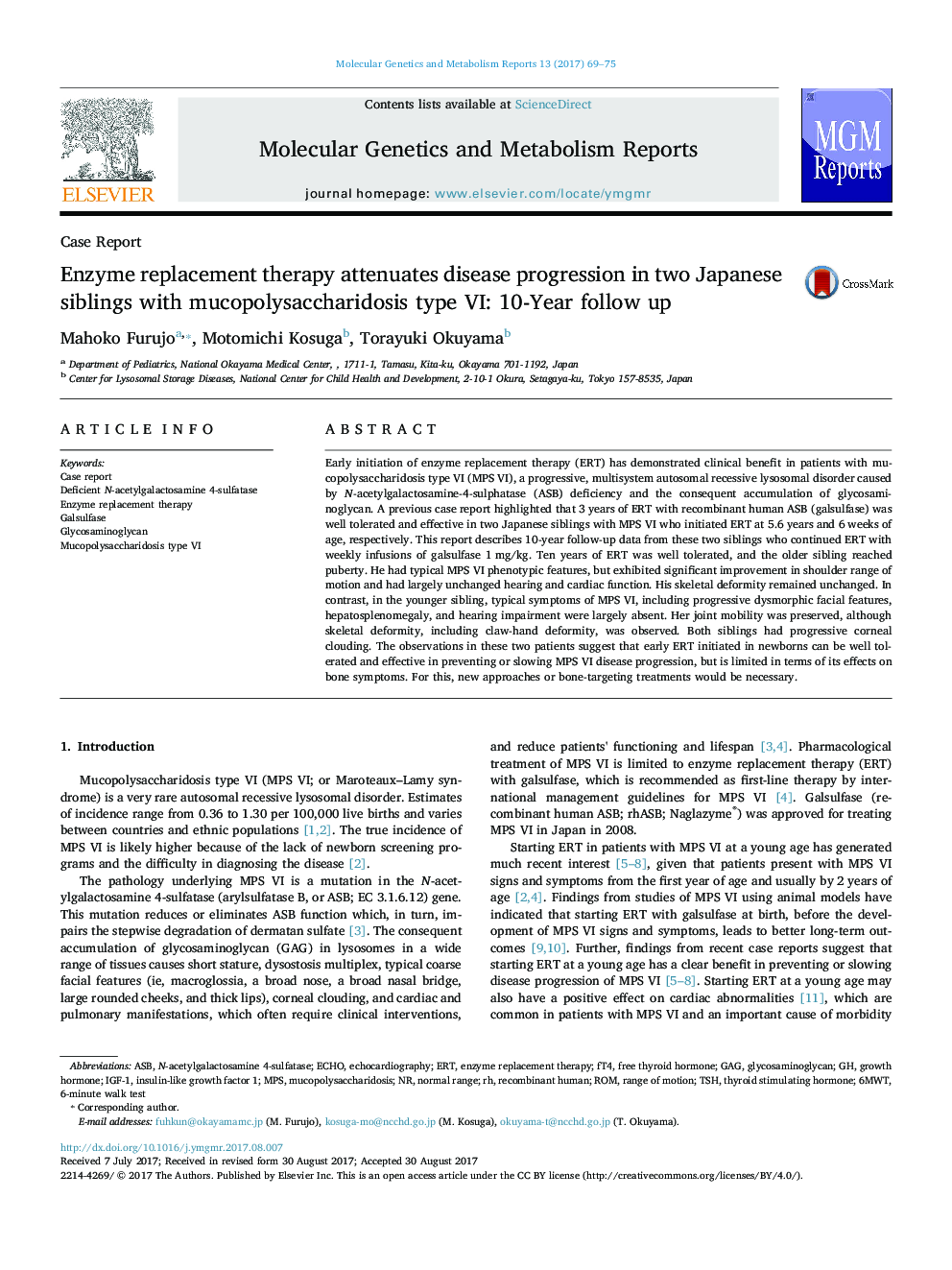 Enzyme replacement therapy attenuates disease progression in two Japanese siblings with mucopolysaccharidosis type VI: 10-Year follow up