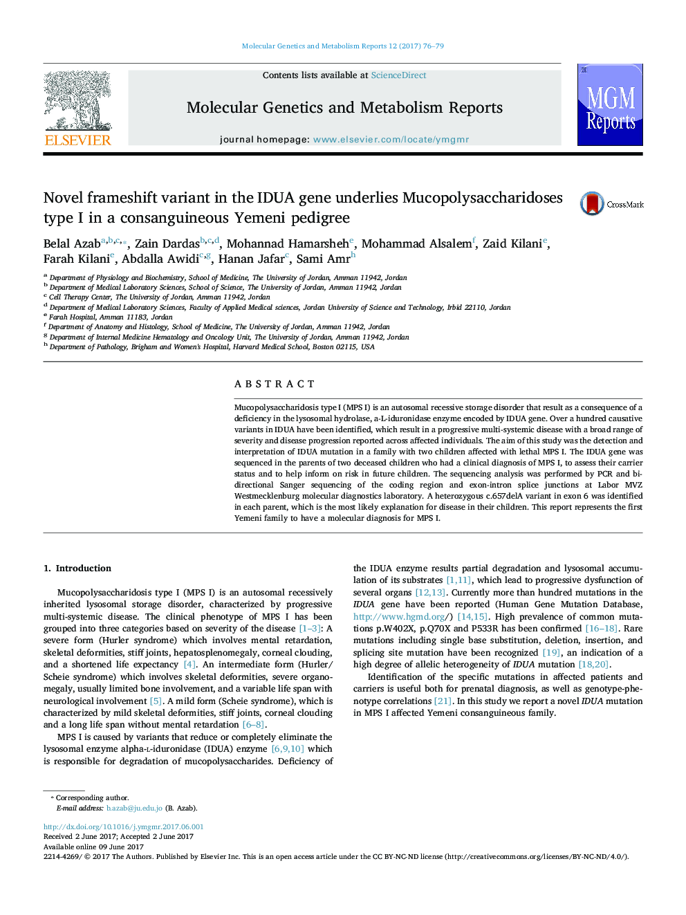 Novel frameshift variant in the IDUA gene underlies Mucopolysaccharidoses type I in a consanguineous Yemeni pedigree