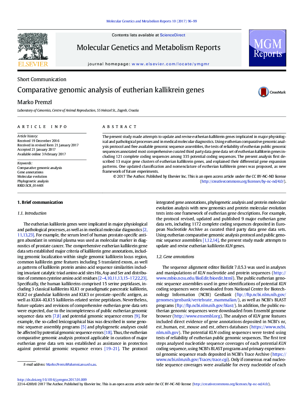 Comparative genomic analysis of eutherian kallikrein genes