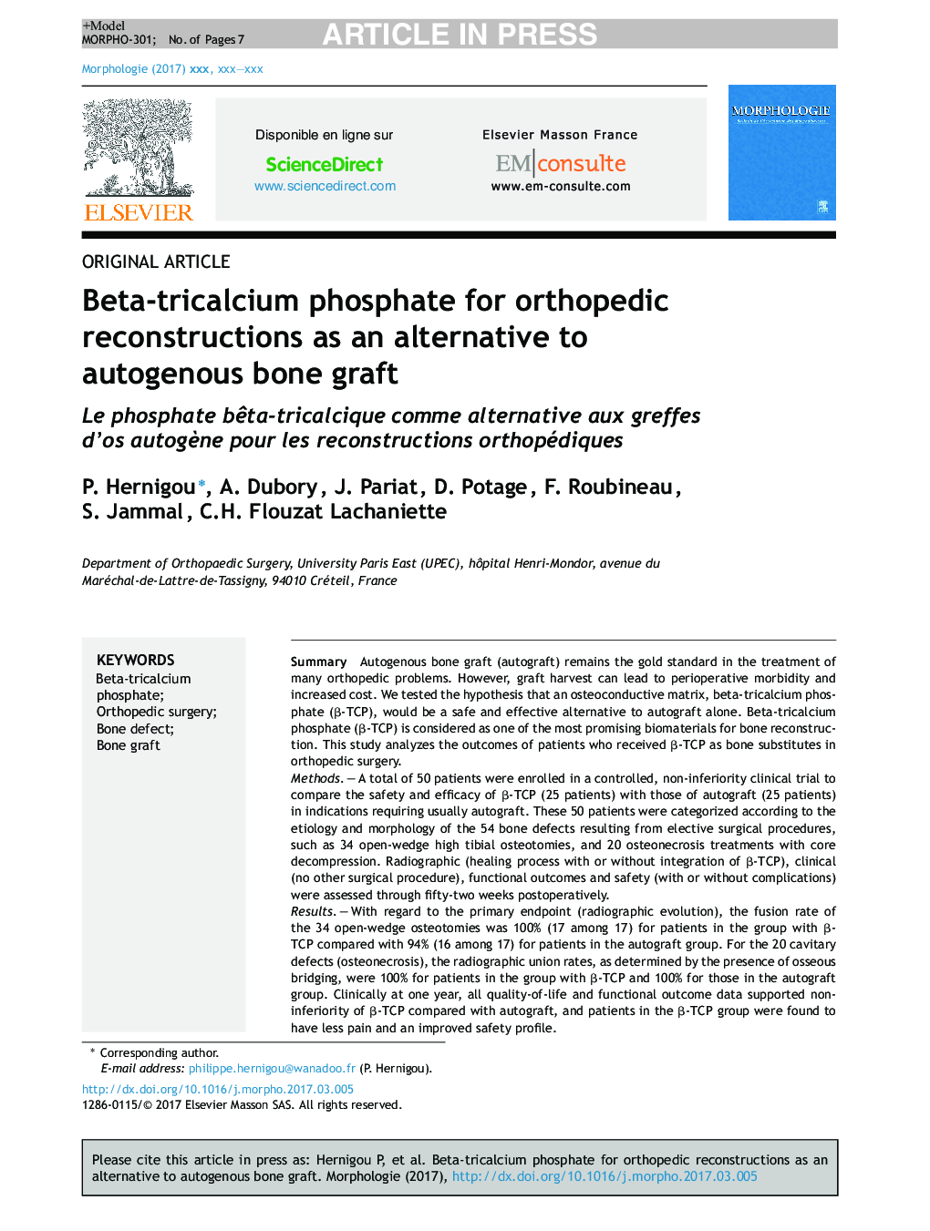Beta-tricalcium phosphate for orthopedic reconstructions as an alternative to autogenous bone graft