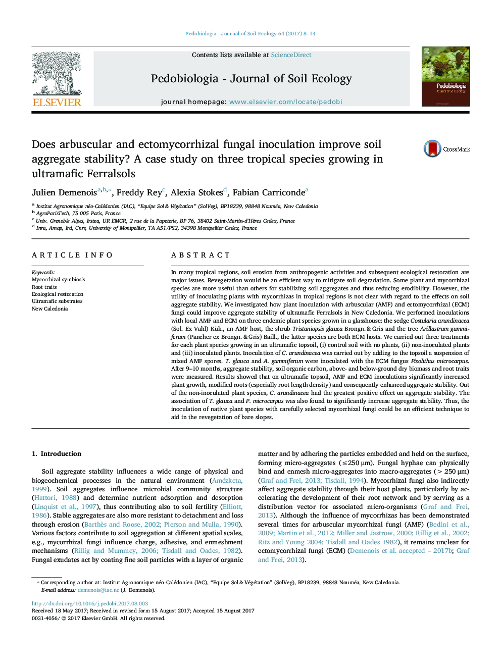 Does arbuscular and ectomycorrhizal fungal inoculation improve soil aggregate stability? A case study on three tropical species growing in ultramafic Ferralsols