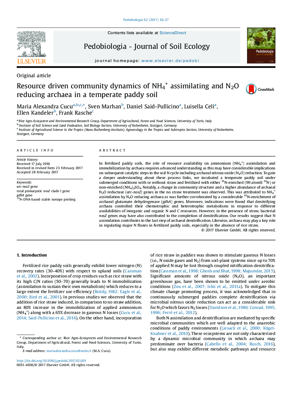 Original articleResource driven community dynamics of NH4+ assimilating and N2O reducing archaea in a temperate paddy soil