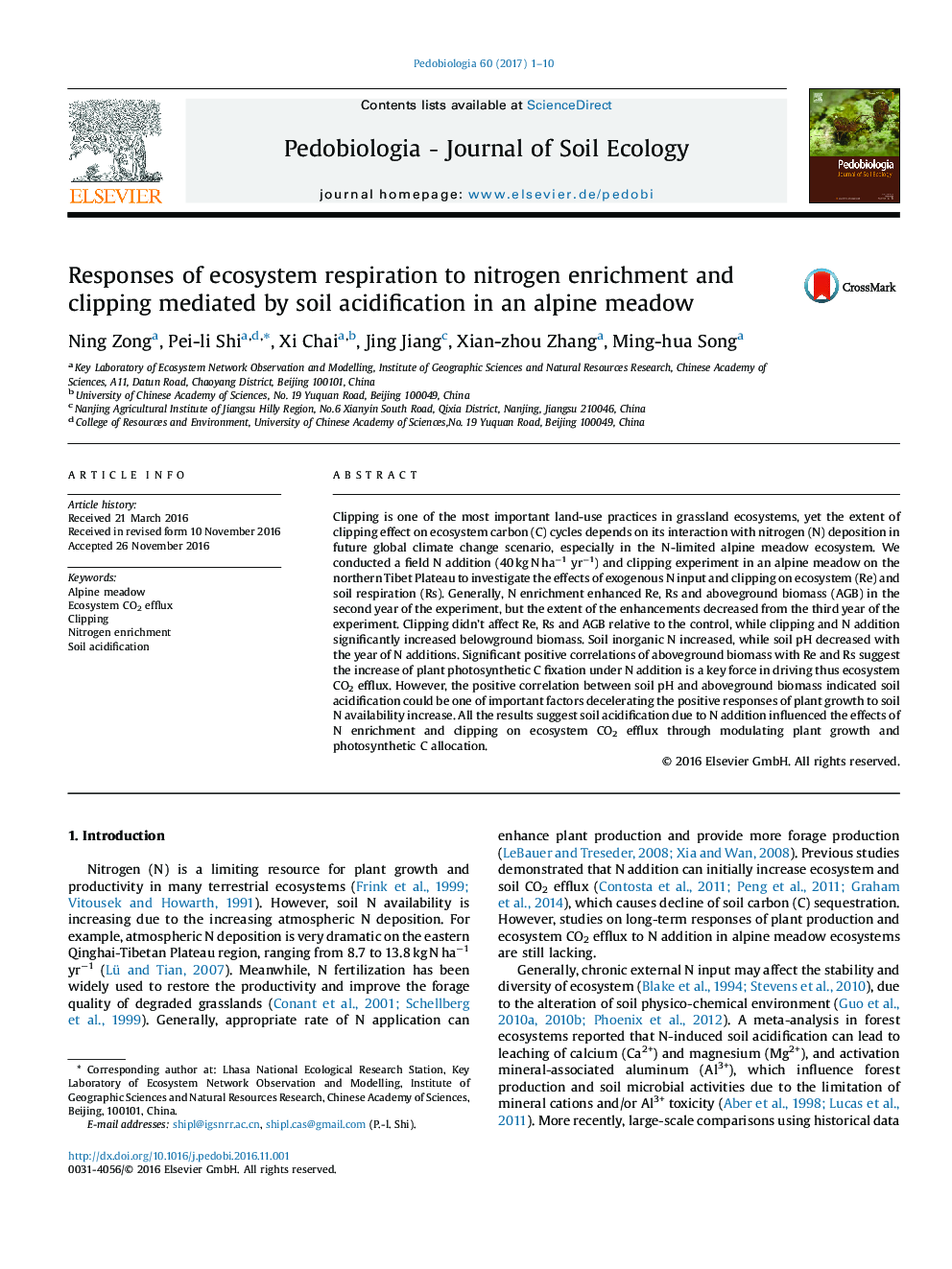 Responses of ecosystem respiration to nitrogen enrichment and clipping mediated by soil acidification in an alpine meadow