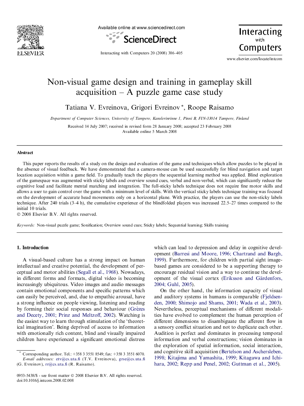 Non-visual game design and training in gameplay skill acquisition – A puzzle game case study