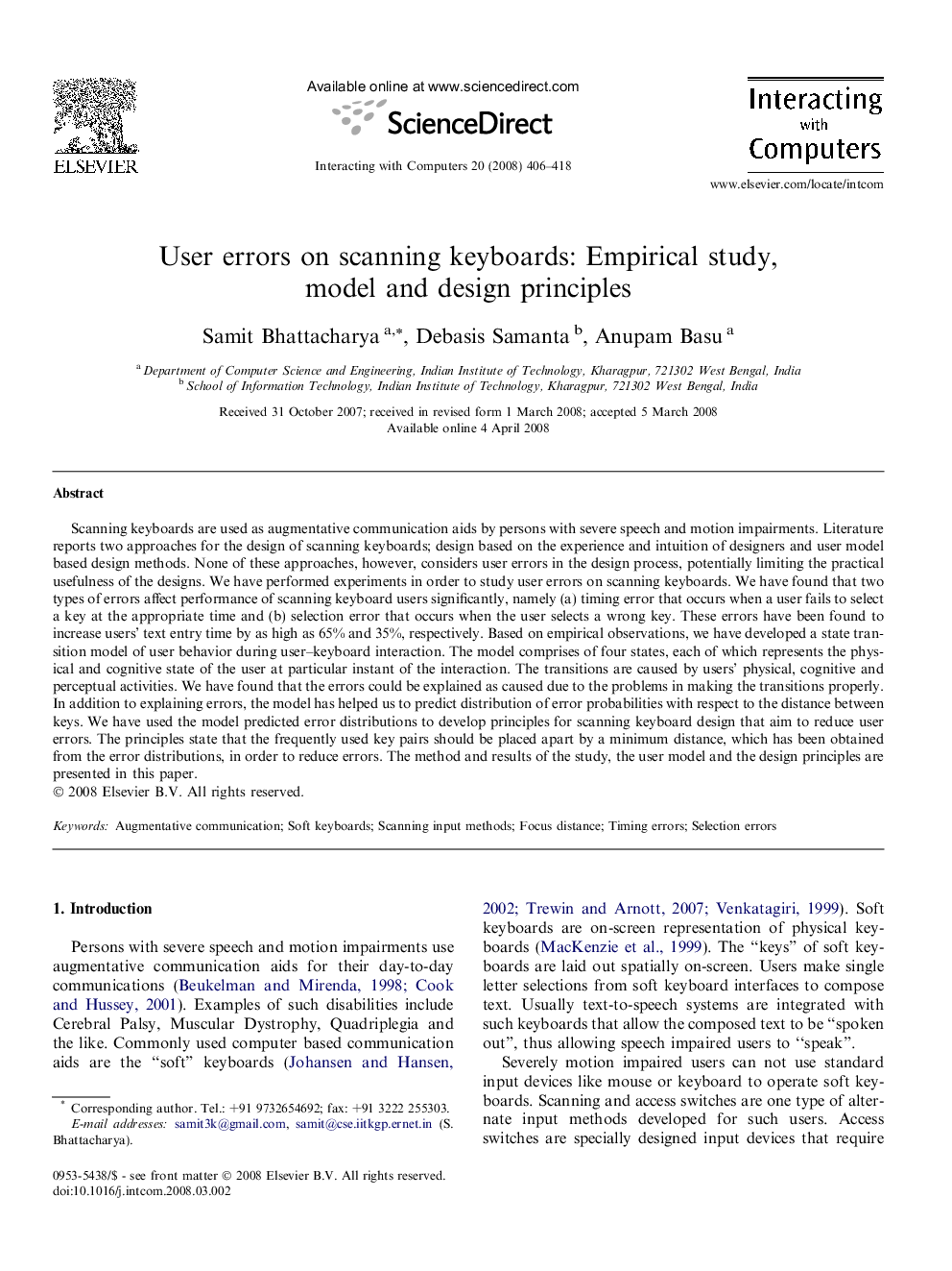 User errors on scanning keyboards: Empirical study, model and design principles