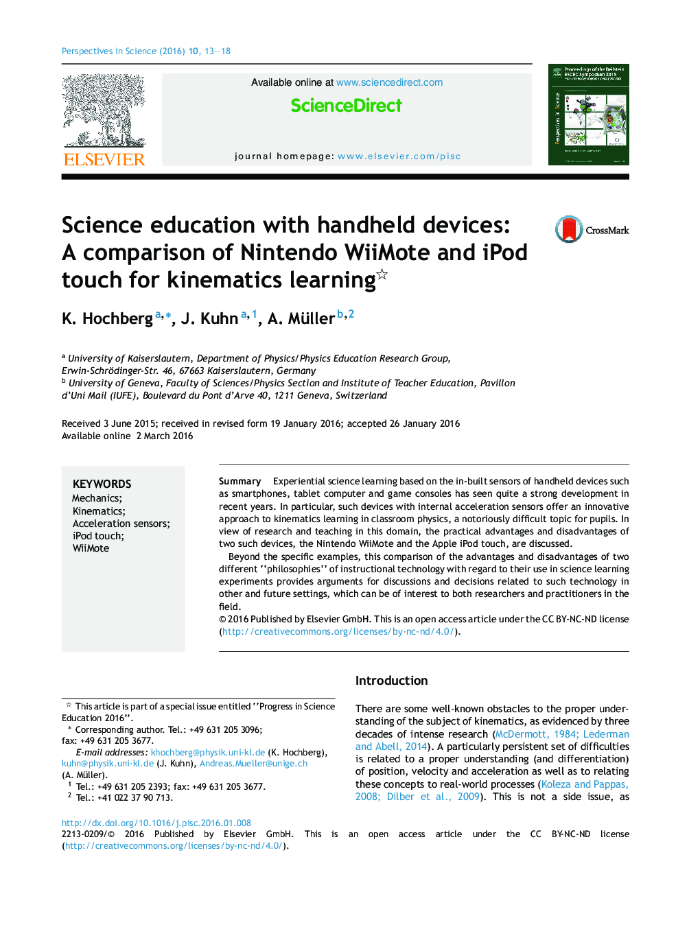 Science education with handheld devices: A comparison of Nintendo WiiMote and iPod touch for kinematics learning