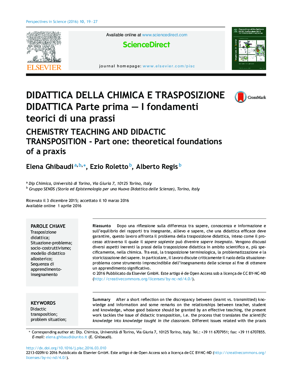 DIDATTICA DELLA CHIMICA E TRASPOSIZIONE DIDATTICA Parte prima - I fondamenti teorici di una prassi