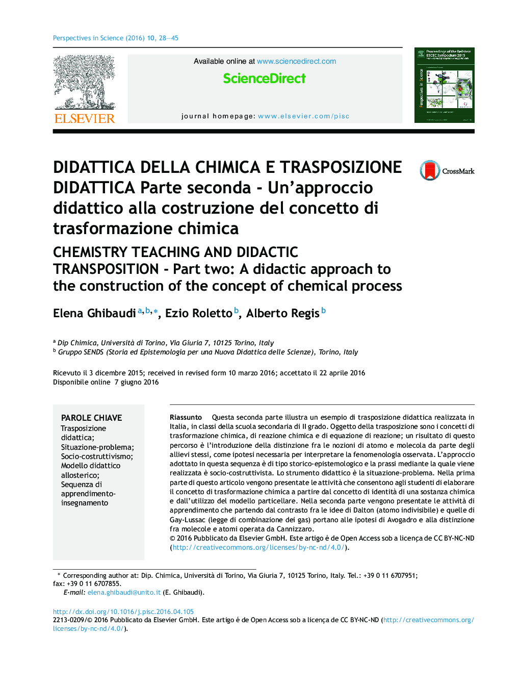 DIDATTICA DELLA CHIMICA E TRASPOSIZIONE DIDATTICA Parte seconda - Un'approccio didattico alla costruzione del concetto di trasformazione chimica