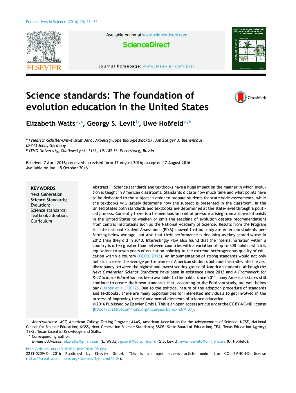 Science standards: The foundation of evolution education in the United States