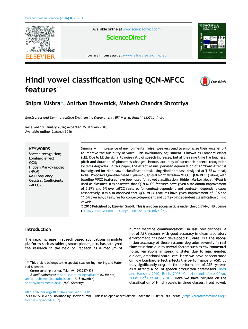 Hindi vowel classification using QCN-MFCC features