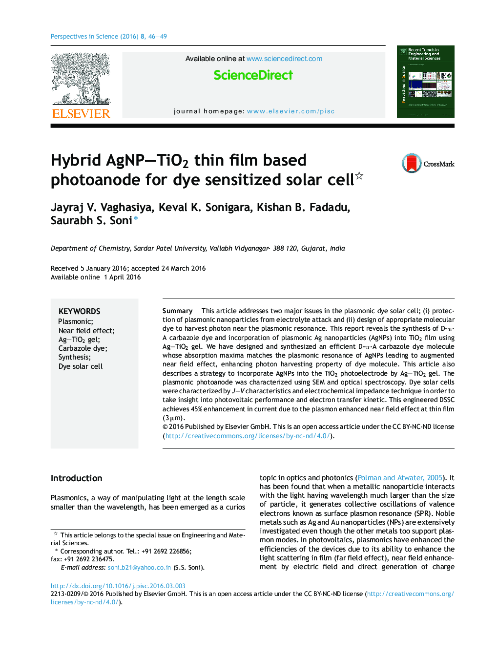 Hybrid AgNP-TiO2 thin film based photoanode for dye sensitized solar cell