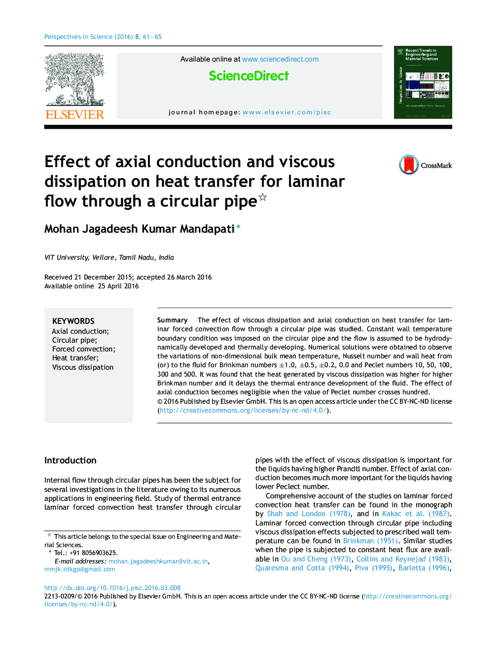 Effect of axial conduction and viscous dissipation on heat transfer for laminar flow through a circular pipe