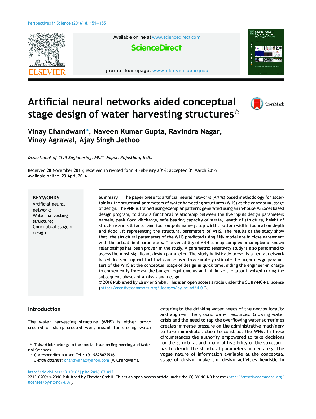 Artificial neural networks aided conceptual stage design of water harvesting structures