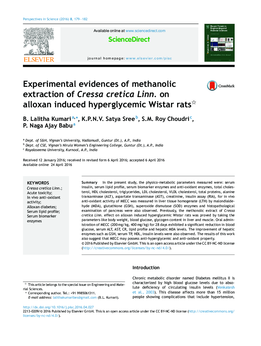 Experimental evidences of methanolic extraction of Cressa cretica Linn. on alloxan induced hyperglycemic Wistar rats