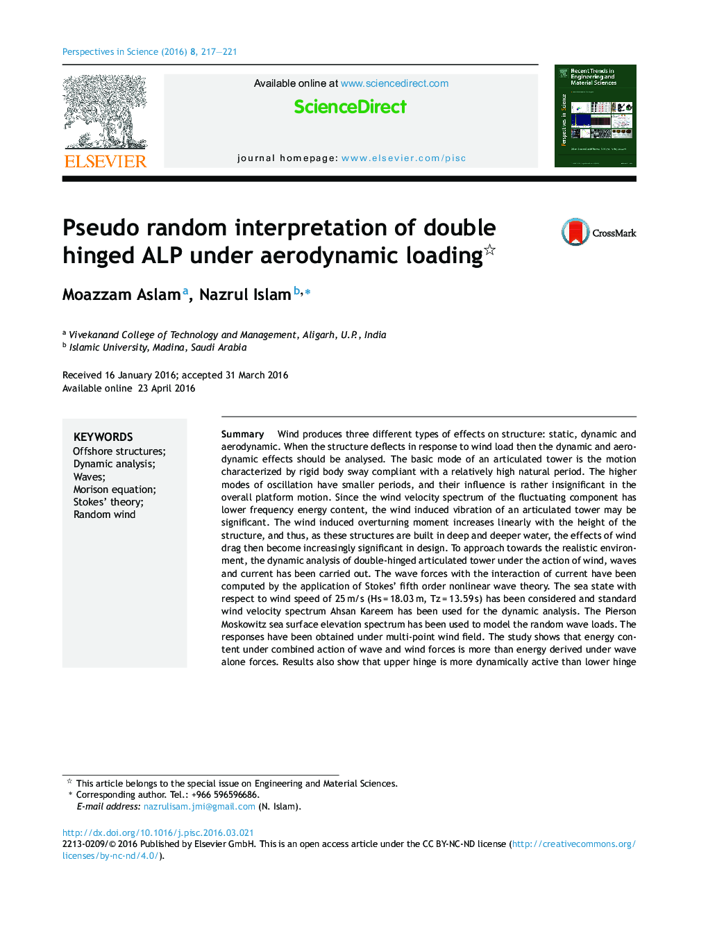 Pseudo random interpretation of double hinged ALP under aerodynamic loading