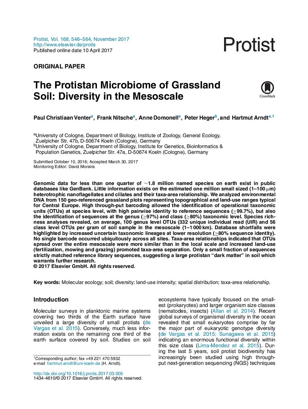 Original PaperThe Protistan Microbiome of Grassland Soil: Diversity in the Mesoscale